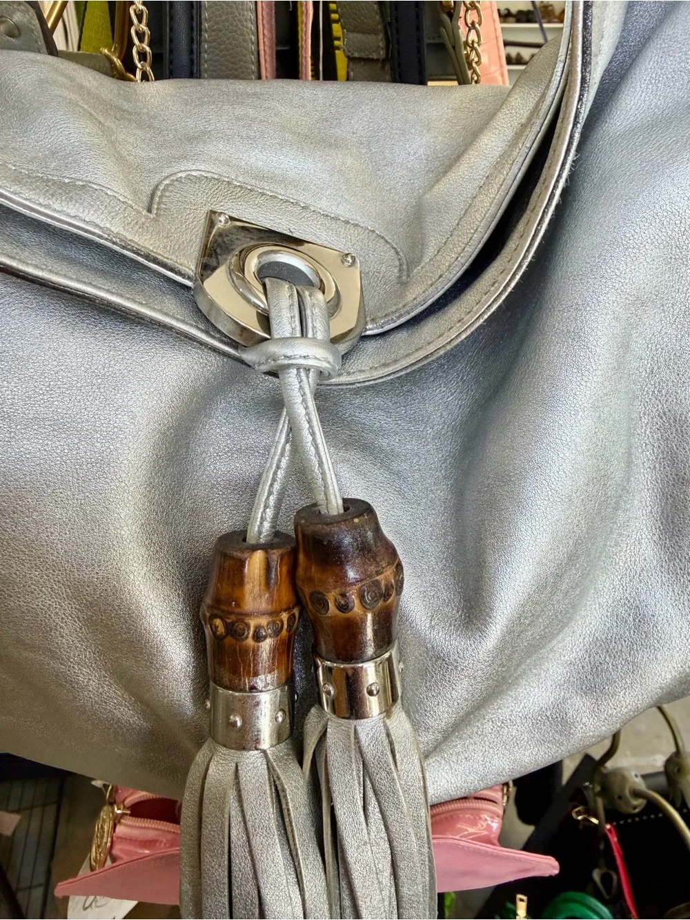LARGE Gucci Silver Leather Bamboo Indy Handle Bag by Frida Giannini